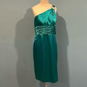 Adrianna Papell Boutique Teal Green Sheath Dress size 14 One Shoulder Satin